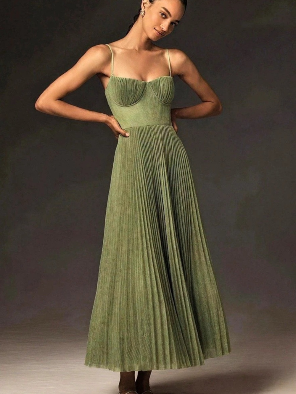 Harper Atelier Celeste Green Pleated Corset Midi Dress